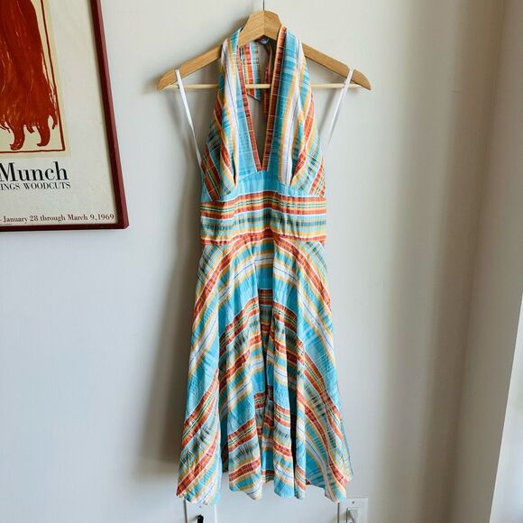 Vintage Finley Marilyn Halter Dress – Blue Orange Plaid – Size 10 – Open Back - Picture 2 of 12